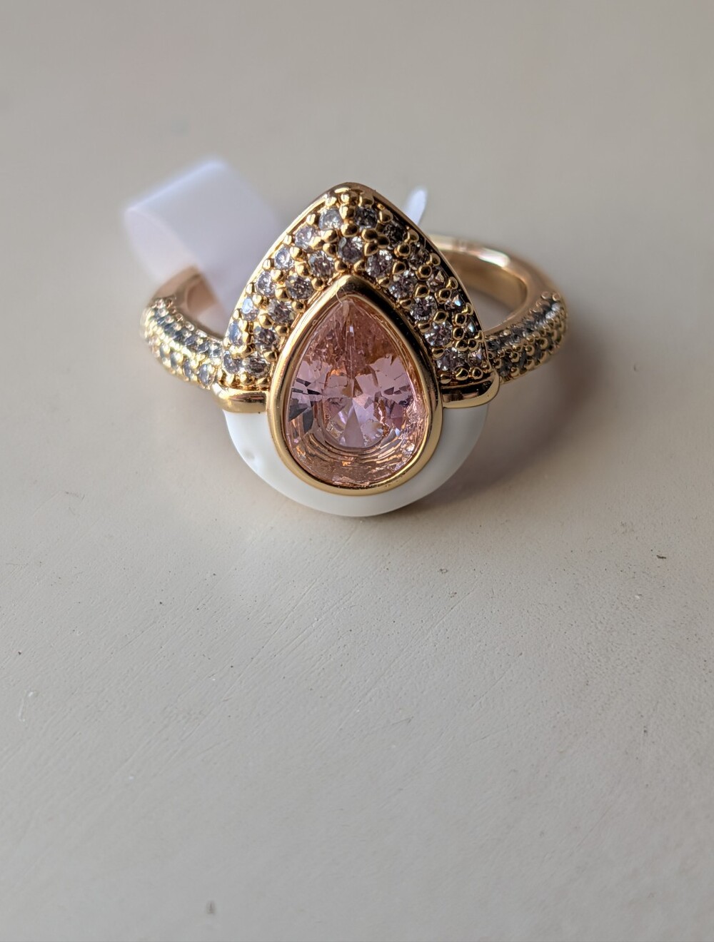 Bomb Party Enamel Pink Quartz on Gold Ring Size 6